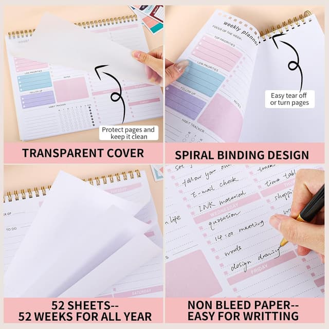 Detalle de Thboxes Weekly Planner To Do List Pad (Undated) – Pink B5 notepad with tear-off sheets and sticker sheets