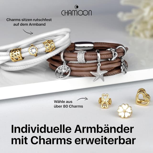 Detalle de CHAMOON Premium Lederarmband für Damen mit Magnetverschluss & über 80 Charms (TRIO Kollektion)