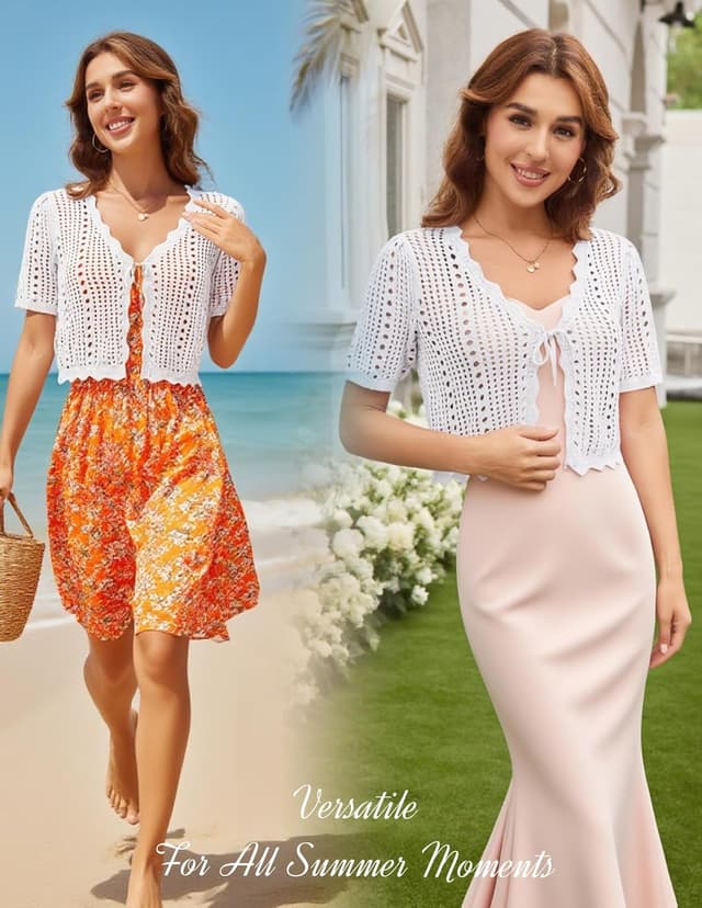 Detalle de Kate Kasin Women Crochet Shrug Sweater Tie-Front Bolero (Short Sleeve Cropped Cardigan)