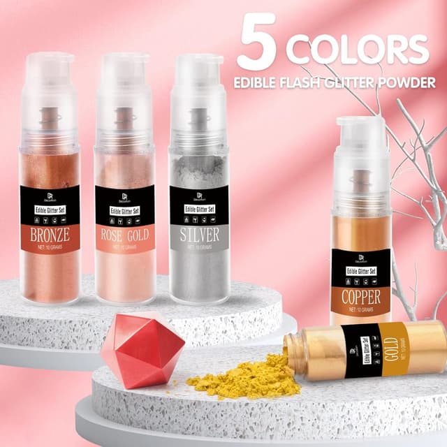 Detalle 2 de DecorRom essbarer Glitzer – 10 g Glitzerstaub im Sprühfläschchen (Silber) zum Dekorieren von Kuchen & Getränken