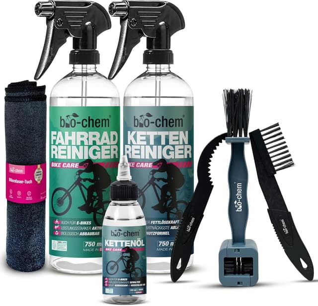 Detalle de bio-chem CLEANTEC Bio-chem Pflegeset für Fahrrad & Mountainbike – Profi-Reinigungs-Set mit 7 Teilen (750 ml Reiniger, 750 ml Kettenentfetter, 100 ml Schmieröl)