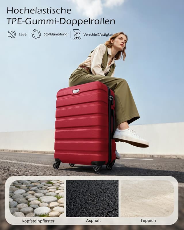 Detalle de COOLIFE 3-teiliges Kofferset für Familienreisen (ABS+PC, Hartschale) mit 360° Spinner & TSA-Zahlenschloss – M + L + XL, Rot