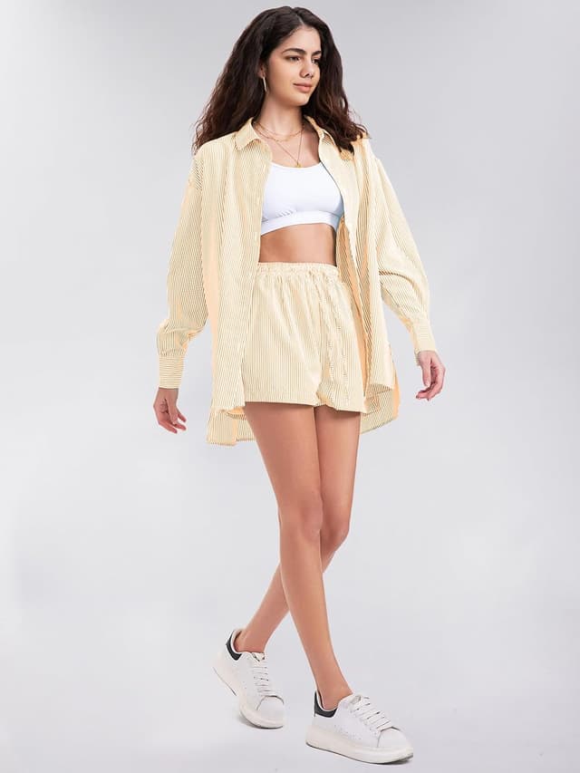 Detalle de Exlura Women’s Cotton Summer 2-Piece Long Sleeve Button-Down Shirt & Matching Short Set