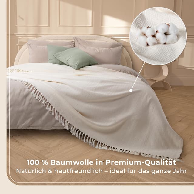 Detalle 2 de Gräfenstayn Premium Tagesdecke mit Fransen (100% Baumwolle) – Creme, XXL 220 x 240 cm