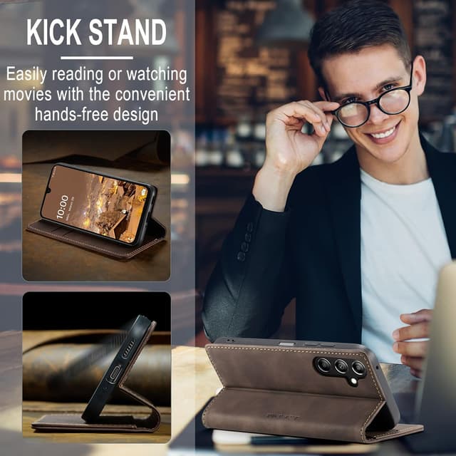 Detalle 1 de Cracedily wallet flip leather case for Samsung Galaxy A16 5G (Coffee) with card slots and magnetic closure