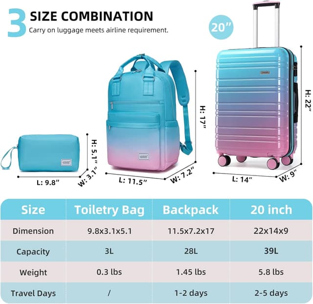 Thumbnail 3 de LARVENDER Carry on Luggage 22x14x9