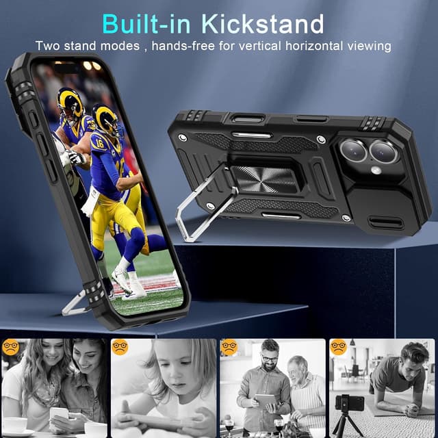 Detalle 2 de DEERLAMN Armor Case for iPhone 17 6.3-Inch (2025) with Slide Camera Cover + Rotated Ring Kickstand, Black (2 Packs)