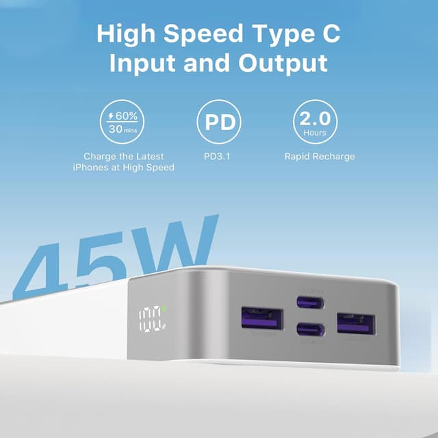 Detalle de JUOVI Power Bank 20000 mAh portatile 45W con display digitale, USB-C In&Out (J2621) bianco