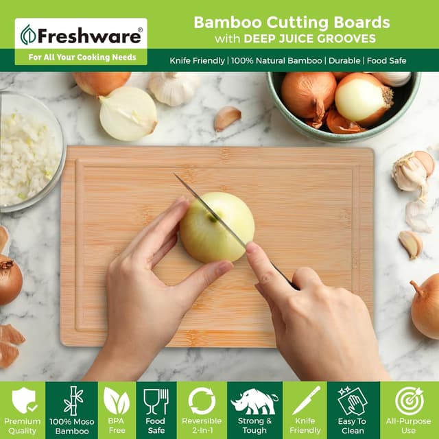 Detalle de Freshware Bamboo Wood Cutting Board Set of 3 with Juice Grooves (9x6", 12x8", 15x10")