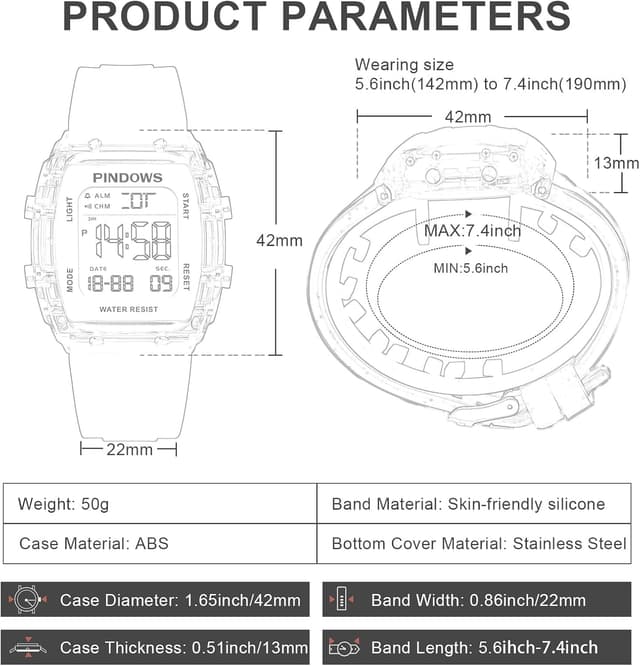 Thumbnail 6 de PINDOWS Digitale Sportuhr für Damen mit transparentem Gehäuse, LED-Hintergrundlicht & 5 ATM Wasserdicht