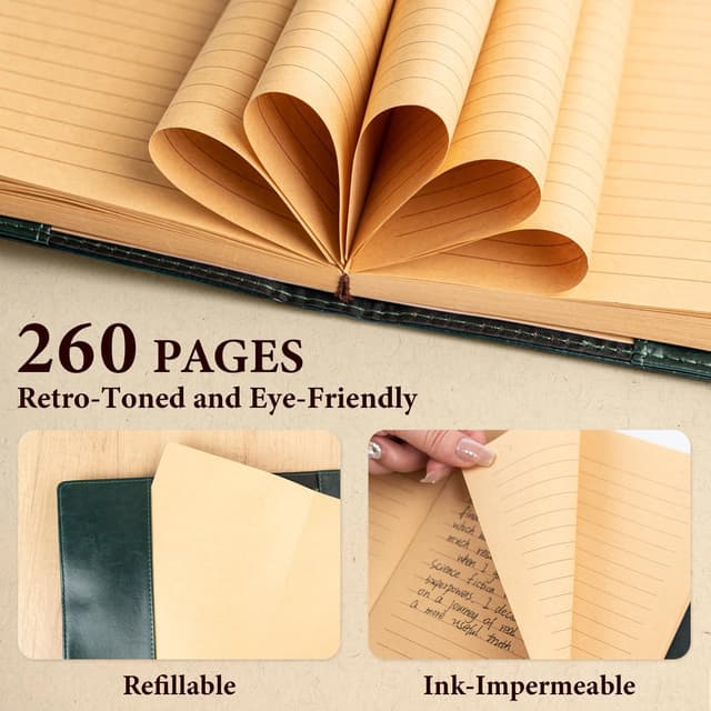 Detalle de WEMATE Tagebuch mit Schloss, A5 Hardcover (260 Seiten) inkl. Geschenkbox – nachfüllbar, Vintage-Optik in Grün