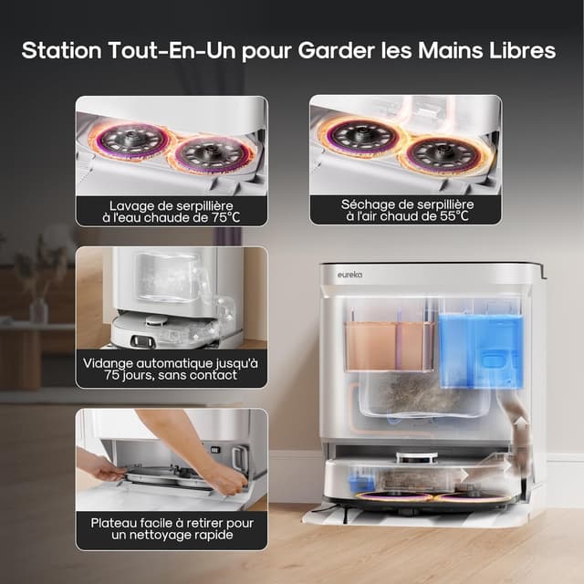 Detalle de Eureka J15 Ultra Gen2 : robot aspirateur-laveur avec station, lavage à 75°C et aspiration 21000Pa