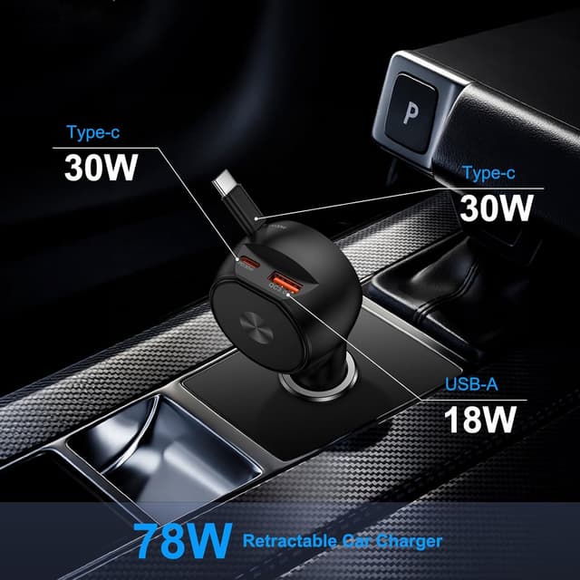 Detalle 2 de Ouorkee 3-in-1 Zigarettenanzünder USB-C Auto-Ladegerät (30W+30W+18W) mit ausziehbarem Kabel