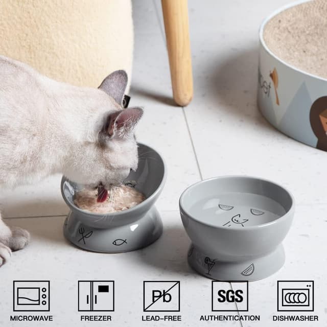 Detalle 2 de Sweejar Home Raised Cat Bowls Set (Tilted Food Bowl & Deep Water Bowl) – Ceramic, Set of 2, Gray