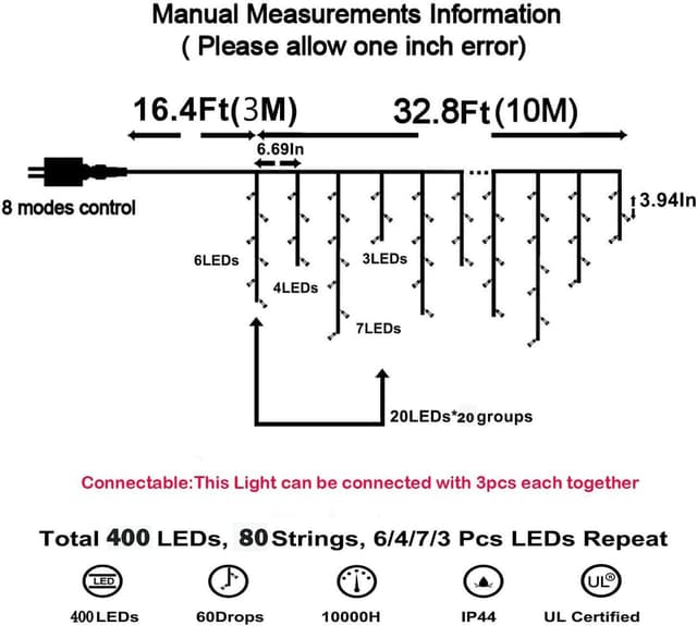 Thumbnail 4 de 10M Eisregen Lichterkette 400LED warmweiß