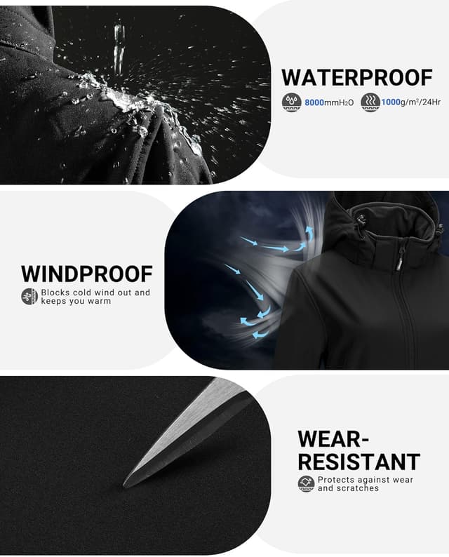 Detalle de Outdoor Ventures Damen Softshell-Langjacke mit Kapuze, fleecegefüttert und winddicht – wasserdichte Windjacke