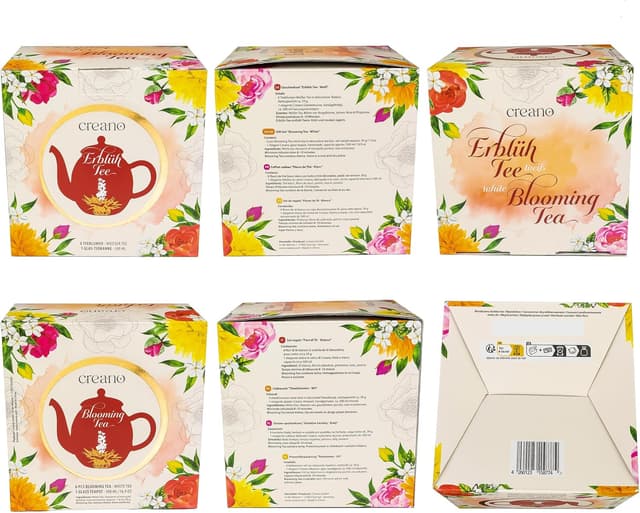 Detalle de Creano Set Regalo Fiori di Tè “Flower Design” con teiera in vetro da 500 ml e 6 tè bianco