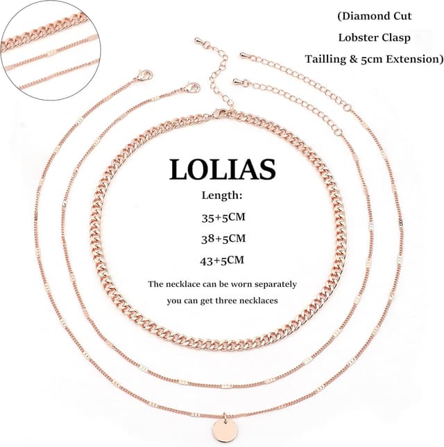 Detalle de LOLIAS 3er Halsketten-Set Damen (Gold/Roségold/Silber) mit Anhänger & Choker – verstellbare Layering-Ketten, wasserfest