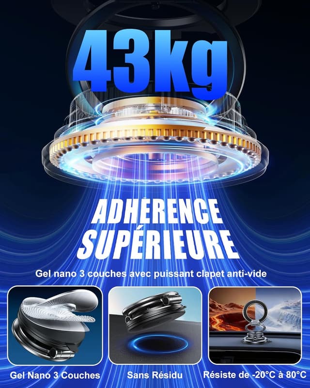 Detalle de Glangeh Tout Métal support téléphone voiture magnétique pour MagSafe (aimant 2400GF + ventouse gel)