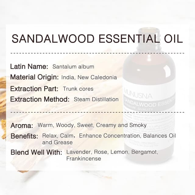 Thumbnail 1 de MUNUSNA 100% Natural Sandalwood Essential Oil (Sandalwood Oil) – 100ml for Aromatherapy, Skin & Home DIY