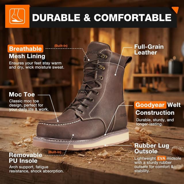 Detalle de NINGO 8-Inch Steel Toe Waterproof Work Boots for Men (Moc Toe, Electrical Hazard)