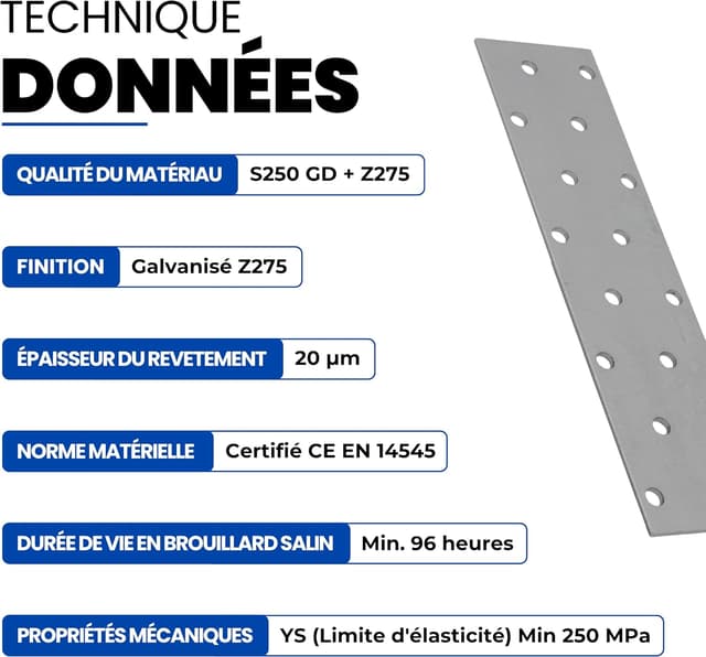 Detalle de GeZu Impex lot de 10 plaques de jonction en métal galvanisé 80 x 300 mm (ép. 2 mm)