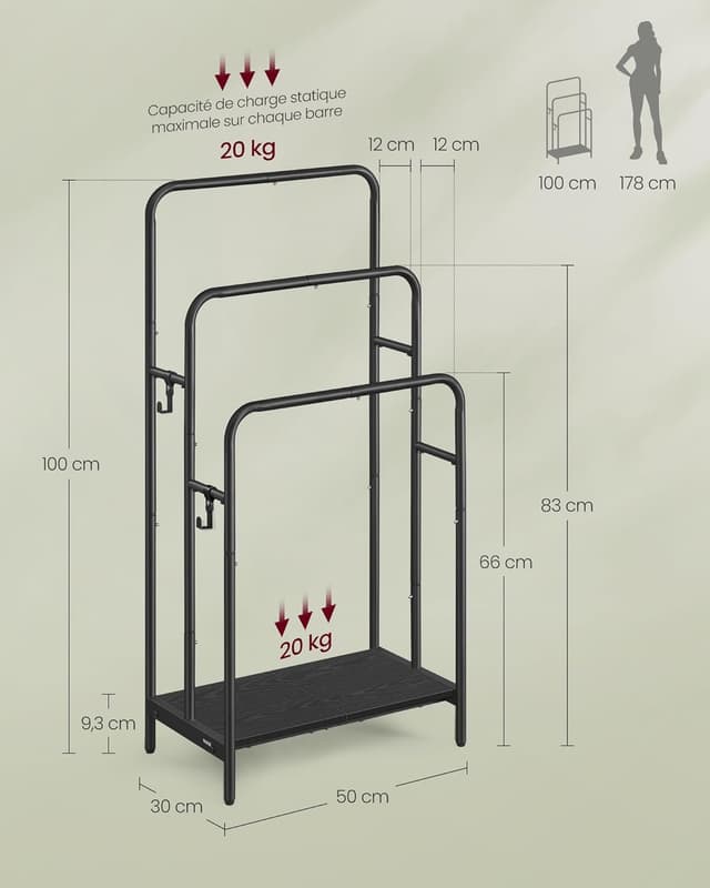 Detalle de VASAGLE LLS009B01 Porte-serviettes sur pied avec 3 barres et étagère de rangement pour salle de bain
