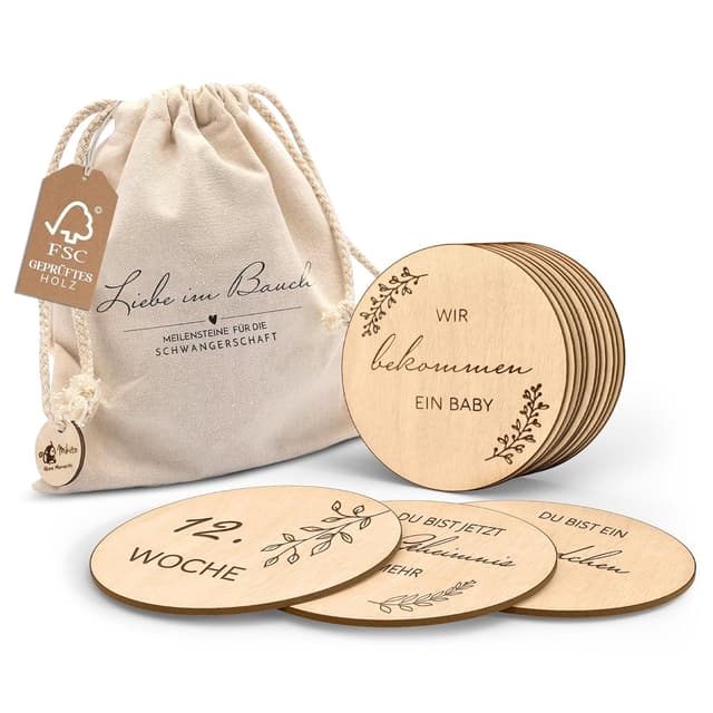 Detalle de Holz-Meilensteinkarten „Schwangerschaft“ – 30 Holzscheiben im Geschenk-Set für werdende Eltern