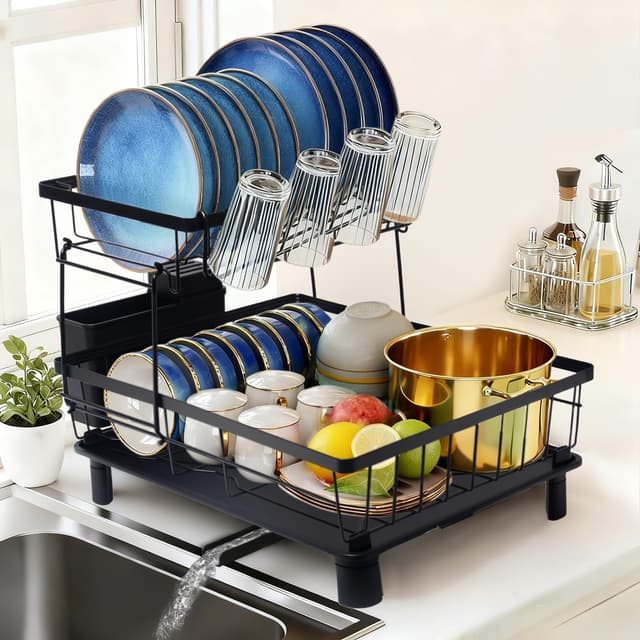 Detalle de Theo & Cleo 2-stufiges Abtropfgestell für Geschirr mit 360° drehbarem Auslauf & Abtropfschale (schwarz)