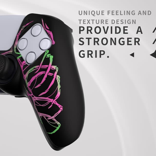 Detalle 2 de playvital Pure Series Anti-Slip Silicone Cover Skin for PS5 Controller (Thumb Grip Caps) – Carving Skull Pink & Green
