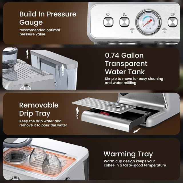 Detalle 2 de (2026 Upgrade) Espresso Machine with Grinder + Milk Steam Wand (15 Bar) — Home Espresso for Cappuccino & Latte