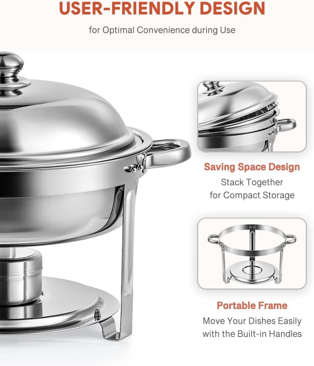 Detalle de Wilprep Chafing Dish Buffet Set of 4 (Round Stainless Steel) – 5L food warmer trays with lids