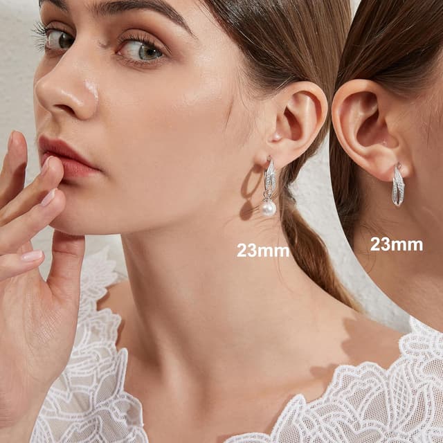 Detalle 2 de jiamiaoi Weißgold plattierte große Creolen aus Sterlingsilber 925 mit Perlen & Zirkonia (24 mm)