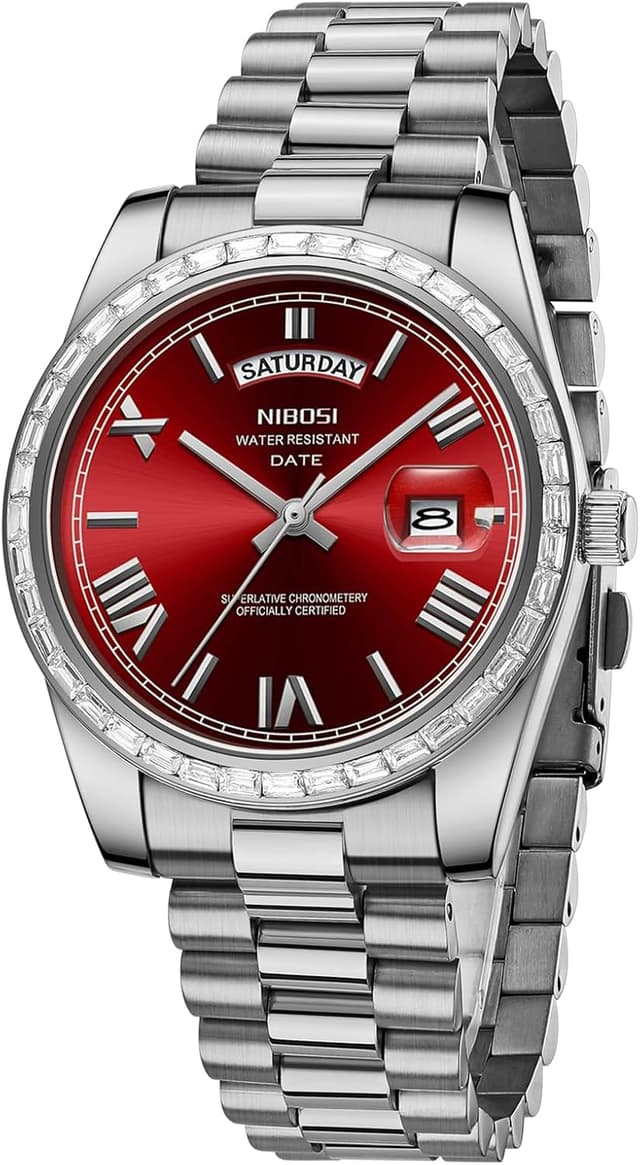 Thumbnail 6 de NIBOSI Herren Analog Quarz-Uhr mit Tages- und Datumsanzeige, Edelstahl & Diamantlünette