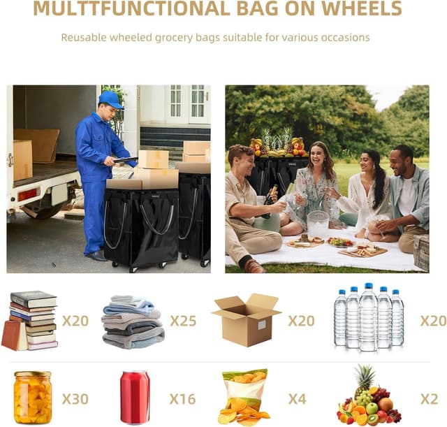 Detalle de (Large, Black) Reusable Rolling Grocery Bag on 5 Wheels with Zipper, 72L Foldable Tote