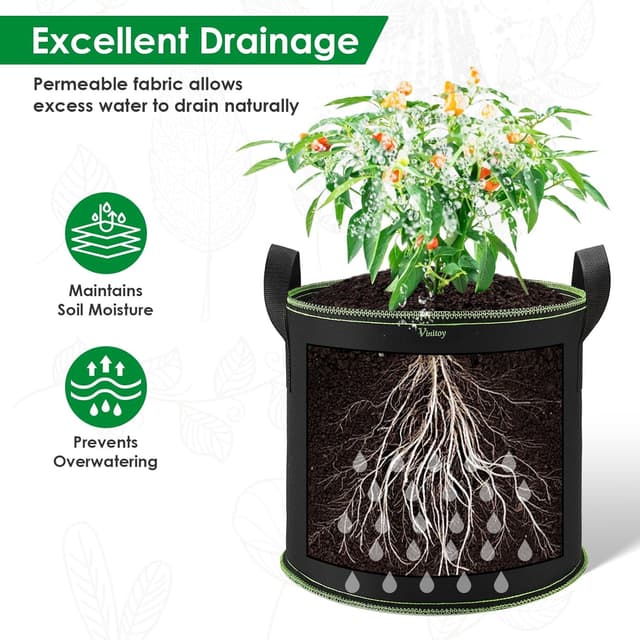 Detalle 2 de Vinitoy Grow Bags 7 Gallon Reusable Fabric Pots (5 Pack) with Nylon Handles and Waterproof Mat, 27L