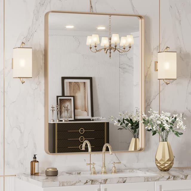 Detalle de LOAAO Gold Bathroom Mirror, 20 x 30 in Rounded Rectangle with Brushed Gold Frame