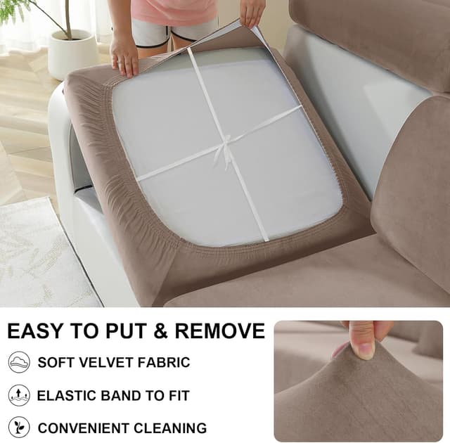 Detalle 2 de Housse de coussin de canapé extensible en velours CYCMACO (1 place x 3) – kaki, antidérapante