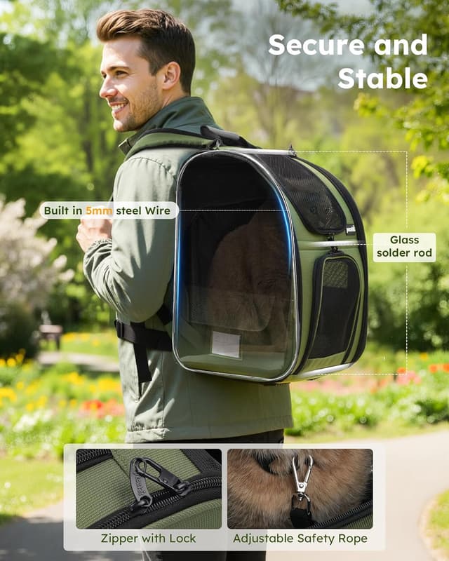 Detalle de Pecute Haustier Expansions Rucksack für Hund & Katze (erweiterbar, Front Opening, Mesh-Fenster) – dunkelgrün