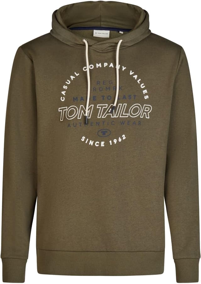 Detalle de TOM TAILOR Herren Hoodie Regular Fit mit Logo-Print – Kapuzenpullover in Schwarz/Grün/Blau