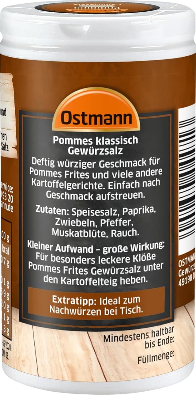 Detalle de Ostmann Gewürze Pommes Gewürzsalz klassisch – Pommesgewürz mit Salz, vegan, 4 x 70 g