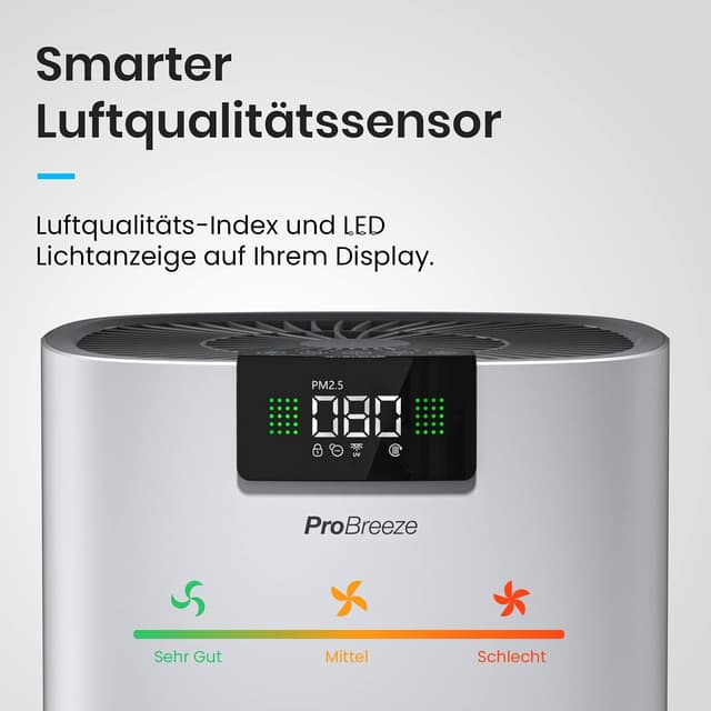 Detalle de Pro Breeze Luftreiniger mit HEPA 13 Filter, UV-C Lampe & Luftionisierer (CADR 460 m³/h) – für Räume bis 140 m²