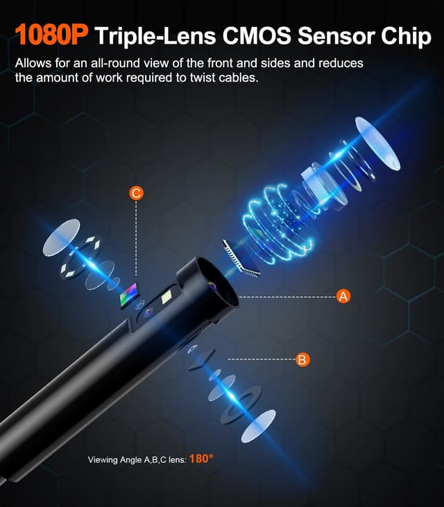 Detalle de TURNRISE 50FT Triple-Lens Endoscope Inspection Camera with 5in IPS Screen, 8 LED and IP67 Probe