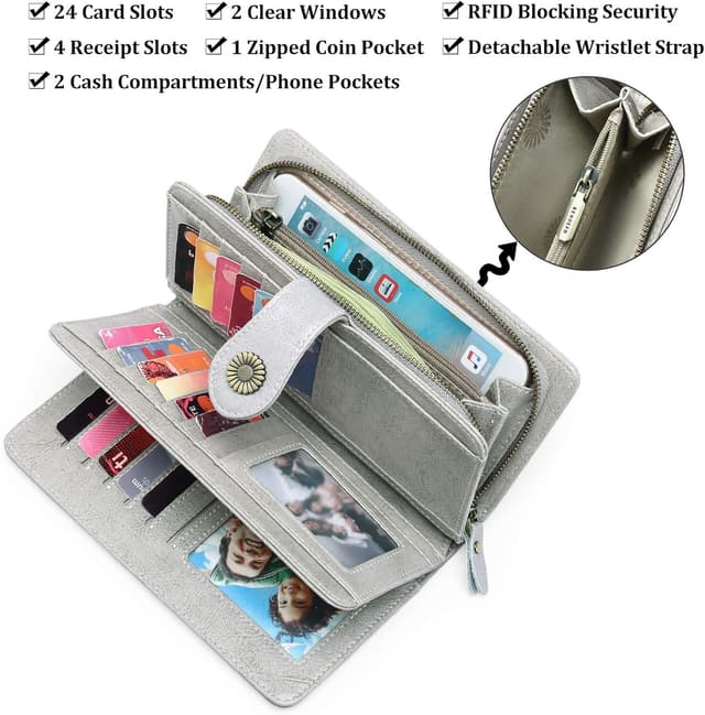 Detalle 2 de SENDEFN Damen-Geldbörse aus Leder mit RFID-Schutz, große Kapazität und Tragearmband