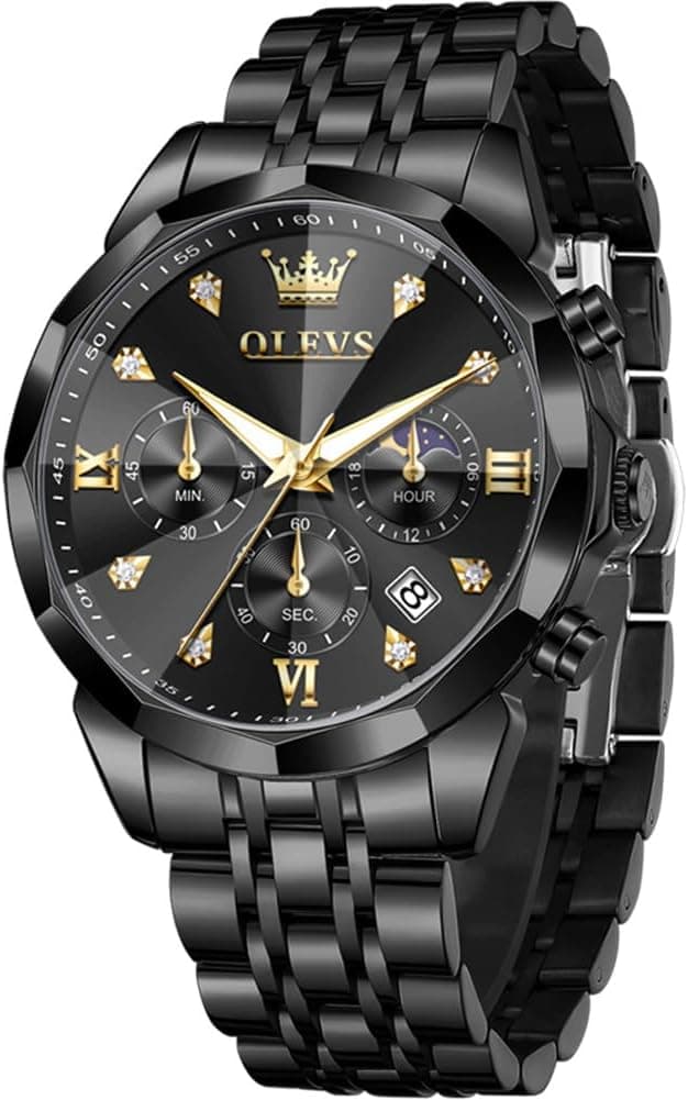 Detalle de OLEVS Herren Quarz Business-Uhr mit Chronograph, Mondphase & Datum – wasserdicht, Edelstahl