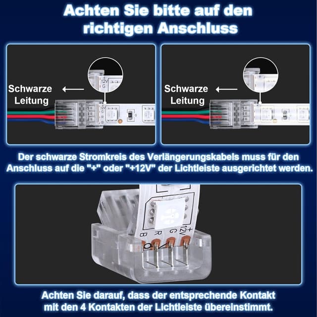 Detalle de REDTRON 4-poliger LED-Strip-Verbinder mit 5 m Verlängerungskabel (lötfrei) für 10 mm 5050 RGB-Strips