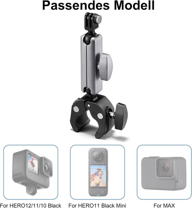 Detalle de Supporto per action cam da moto in alluminio con doppia testa a sfera girevole a 360° (filetto 1/4-20)