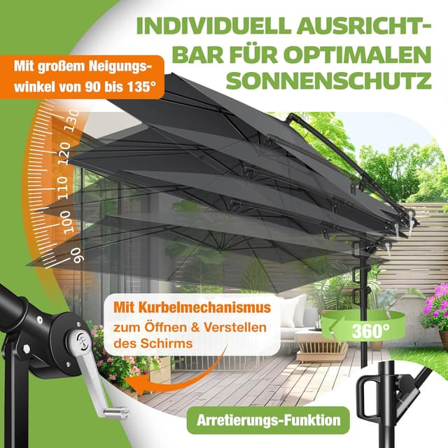 Detalle de KESSER® Kurbelschirm Sonnenschirm 250x250 cm mit Kurbel, 360°-Funktion und UV-/Wasserschutz (Anthrazit)