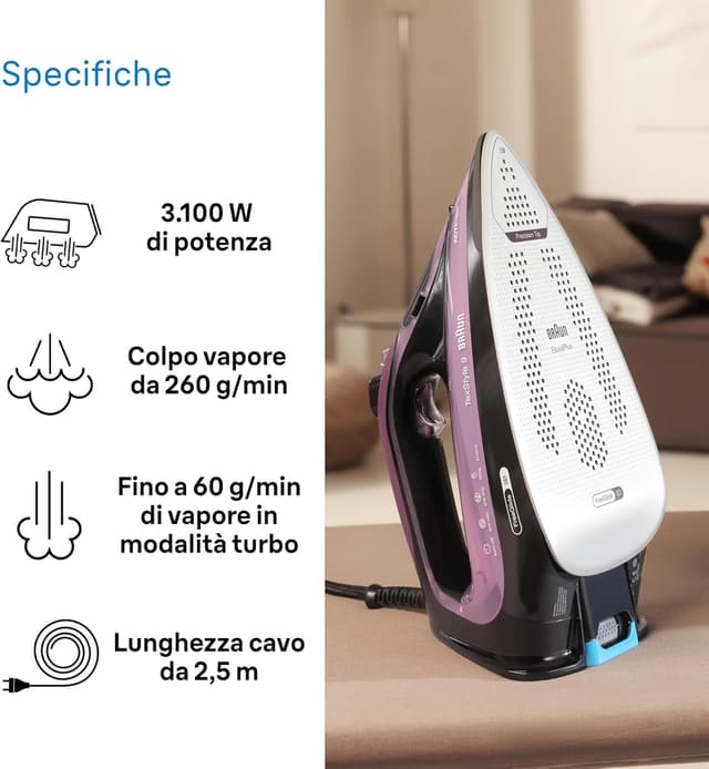 Detalle de Braun Texstyle9 SI9661VI ferro da stiro a vapore con iCare e Freeglide 3D, 250 g/min e assistenza 5 anni