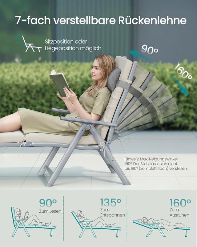Detalle 2 de SONGMICS Sonnenliege GCB024WZ02 – klappbar mit 6 cm Polster, abnehmbarem Kopfkissen